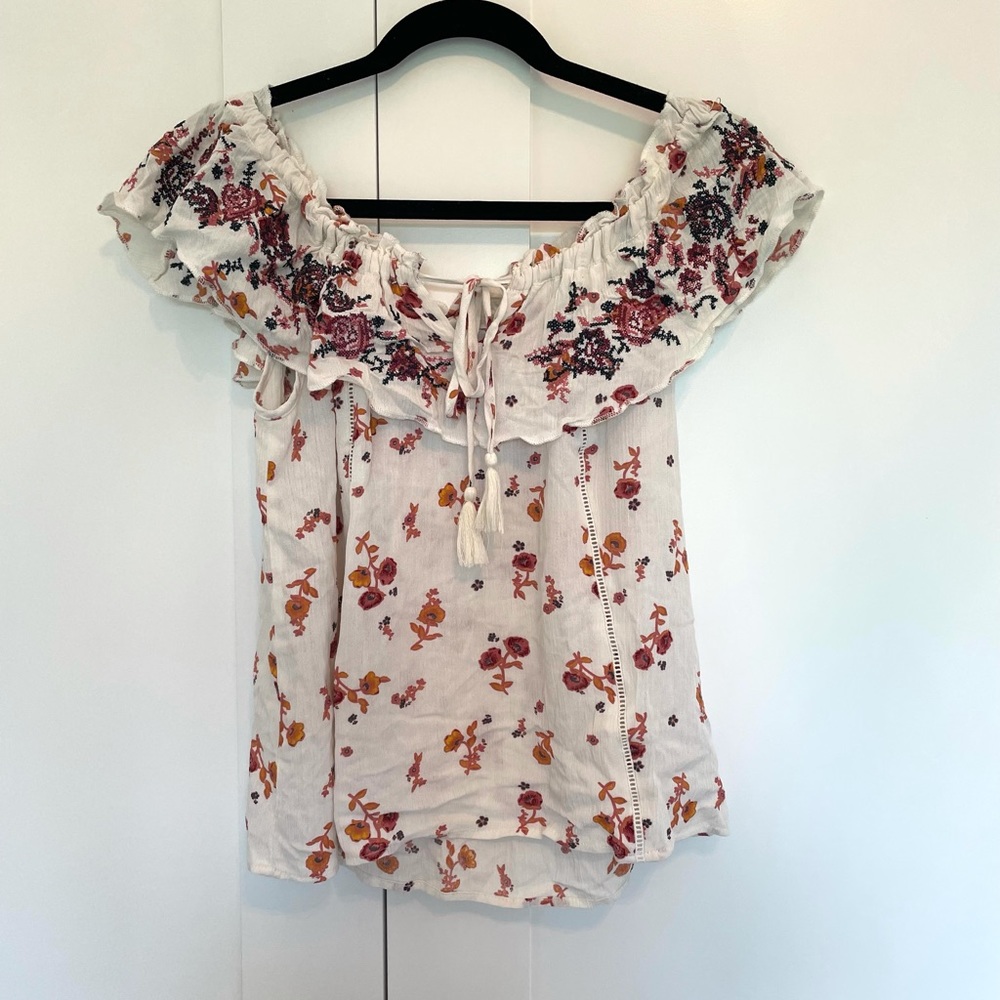 Altar’d state floral off the shoulder tie ruffle summer top, embroidered